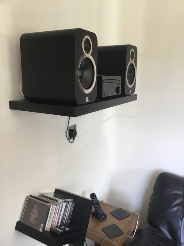 Ready To Paint Wall Shelves in living room with sound boxes