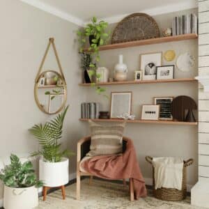 Living room wall shelves installed and styled by Topshelf Uk in a boho theme as part of their how to style a shelf guide